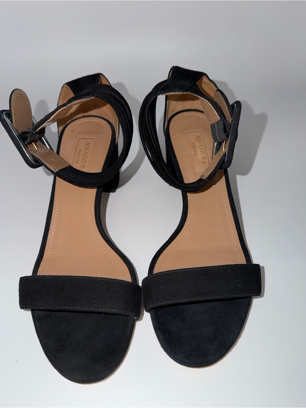 Authentic Aquazzura Ankle-Strap Block Heels Sandals.